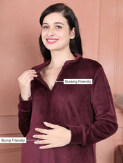 Secret Wish Burgundy Solid Velvet Maternity Nighty Full Length