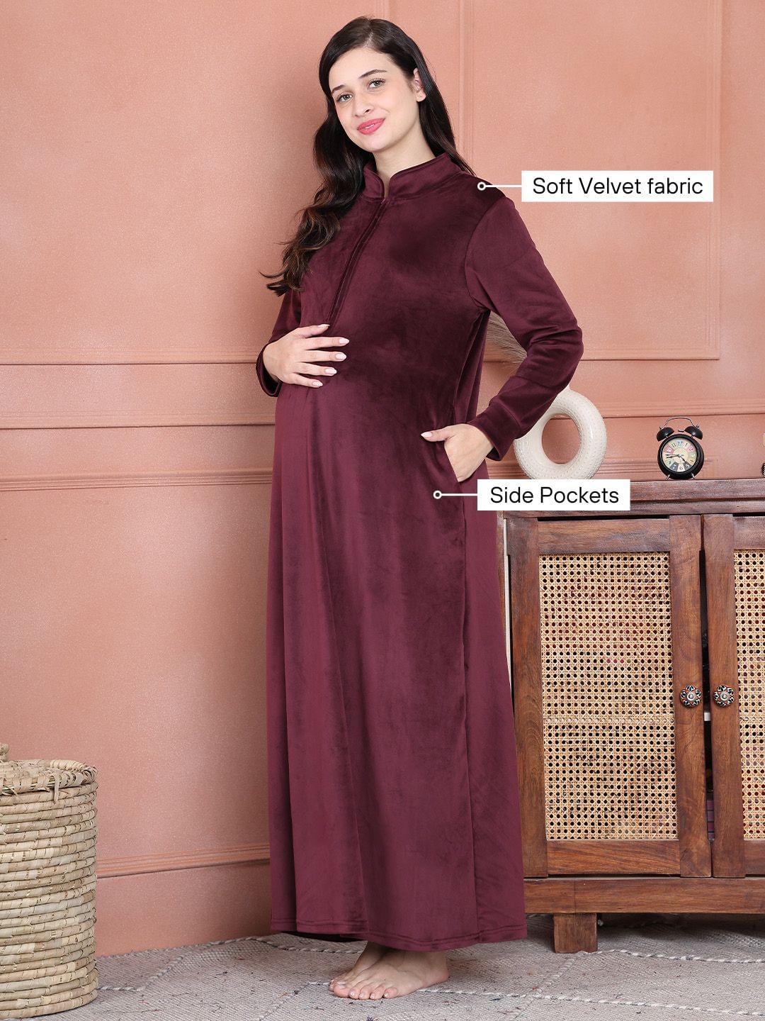 Secret Wish Burgundy Solid Velvet Maternity Nighty Full Length