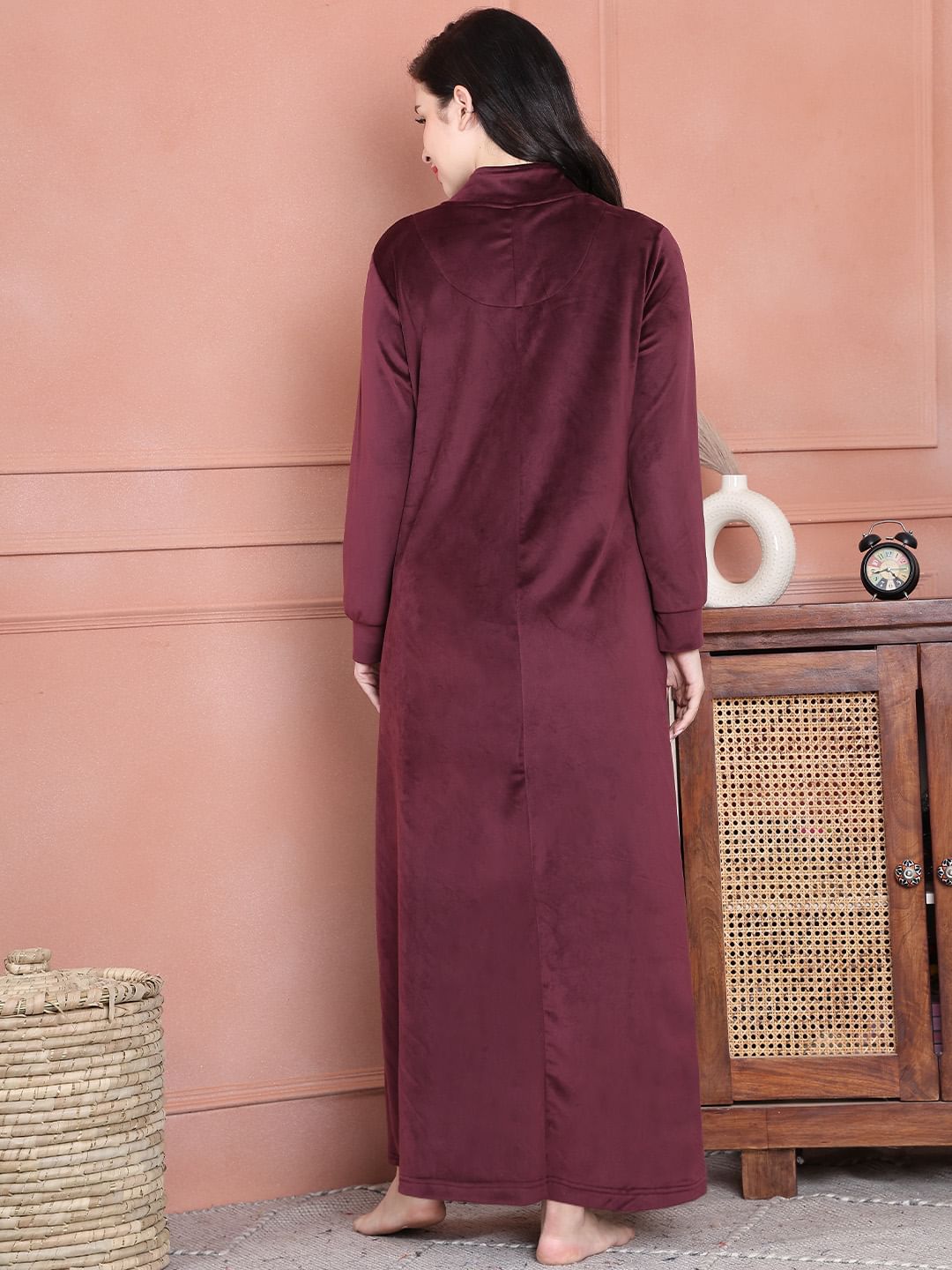 Secret Wish Burgundy Solid Velvet Maternity Nighty Full Length