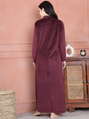 Secret Wish Burgundy Solid Velvet Maternity Nighty Full Length