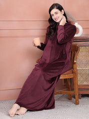Secret Wish Burgundy Solid Velvet Maternity Nighty Full Length