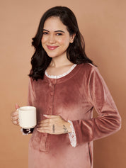 Pink Solid Velvet Winter Maternity Nighty