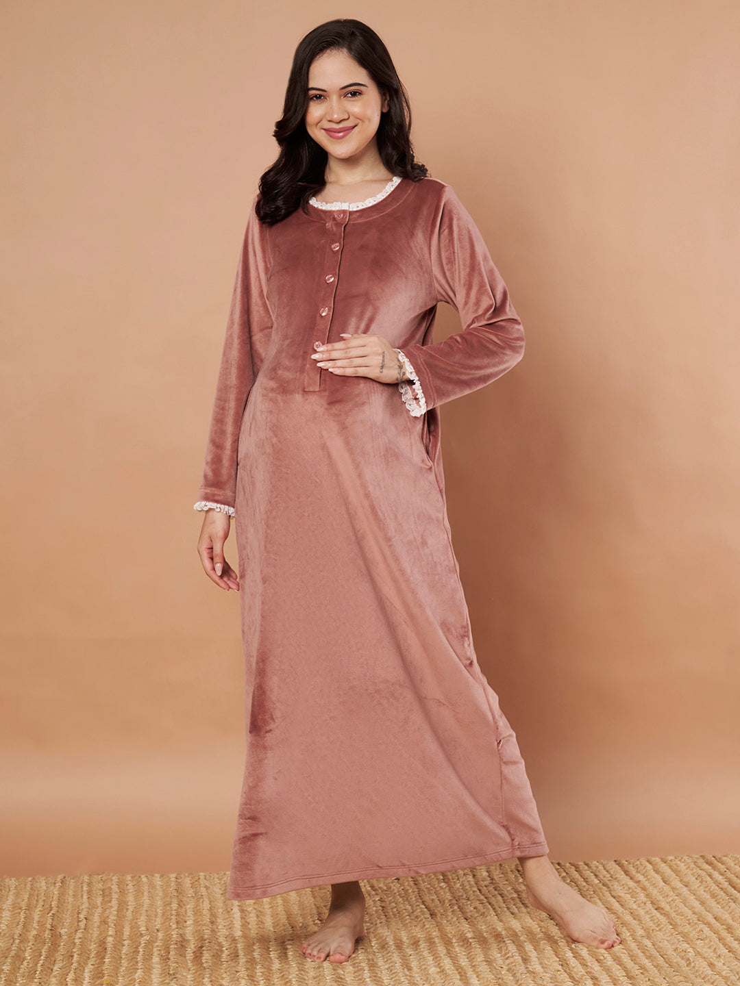 Pink Solid Velvet Winter Maternity Nighty