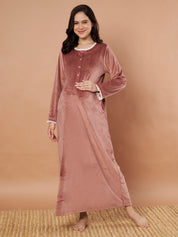 Pink Solid Velvet Winter Maternity Nighty
