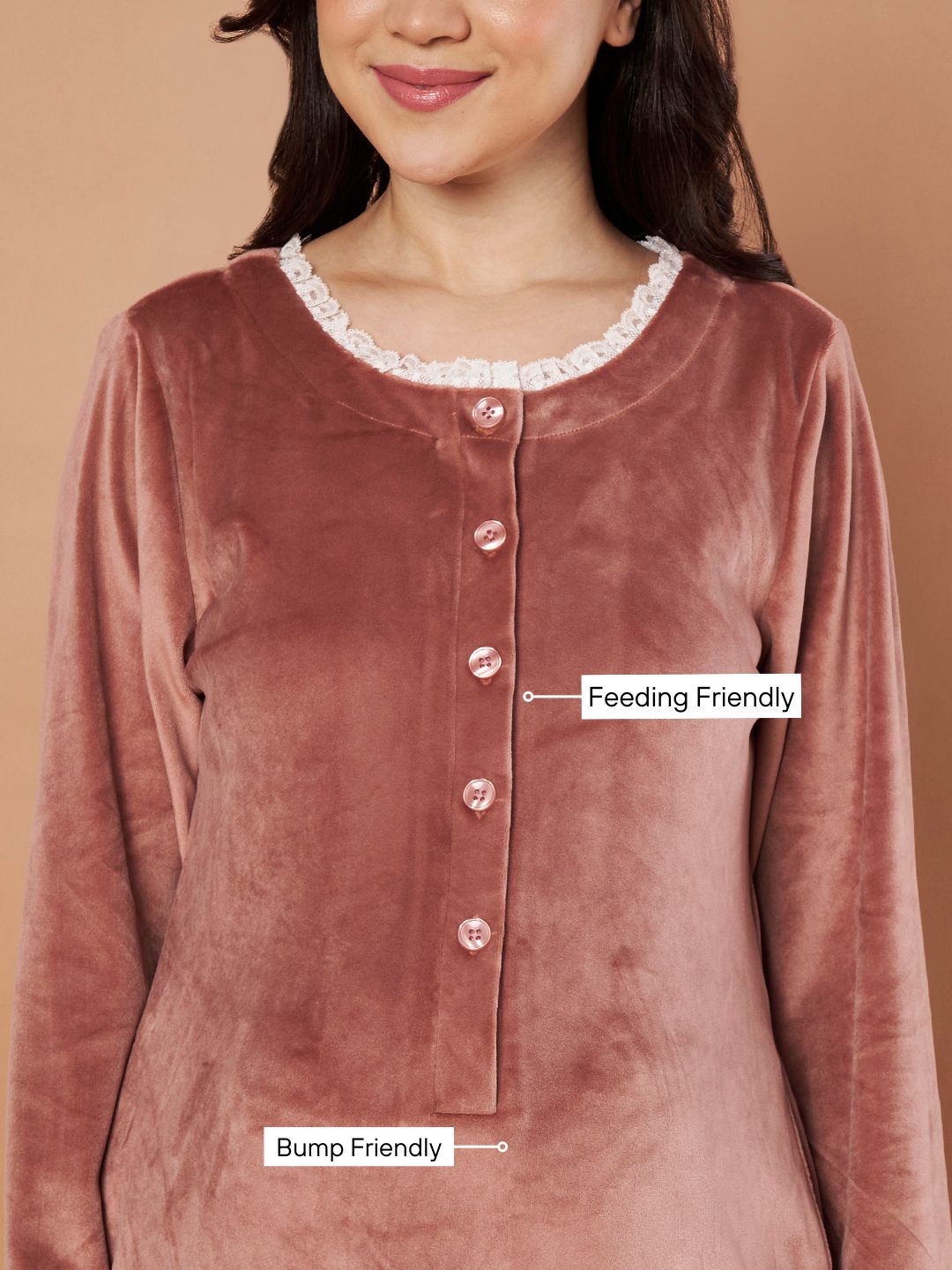 Pink Solid Velvet Winter Maternity Nighty