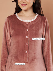 Pink Solid Velvet Winter Maternity Nighty