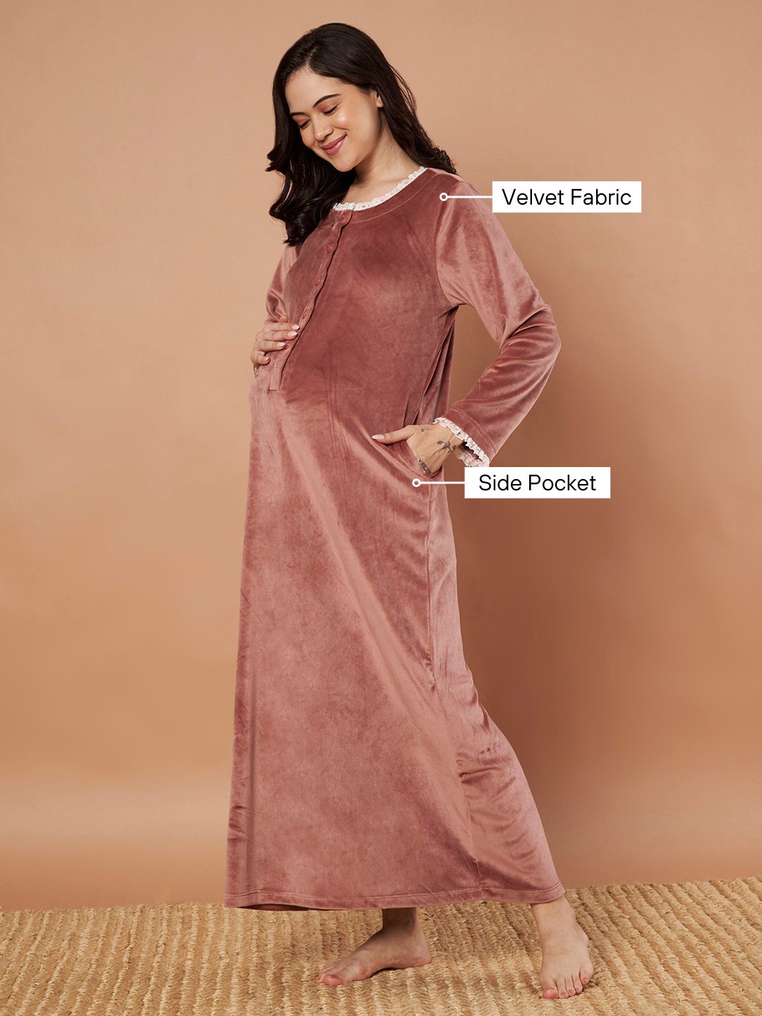 Pink Solid Velvet Winter Maternity Nighty
