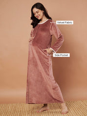 Pink Solid Velvet Winter Maternity Nighty