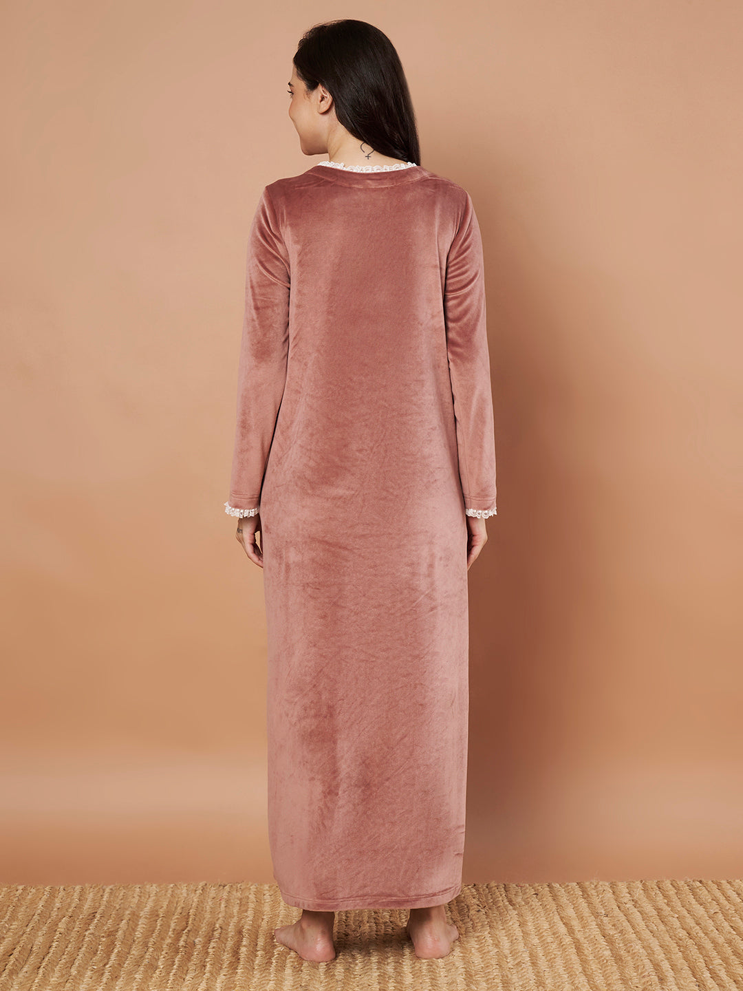 Pink Solid Velvet Winter Maternity Nighty
