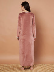 Pink Solid Velvet Winter Maternity Nighty