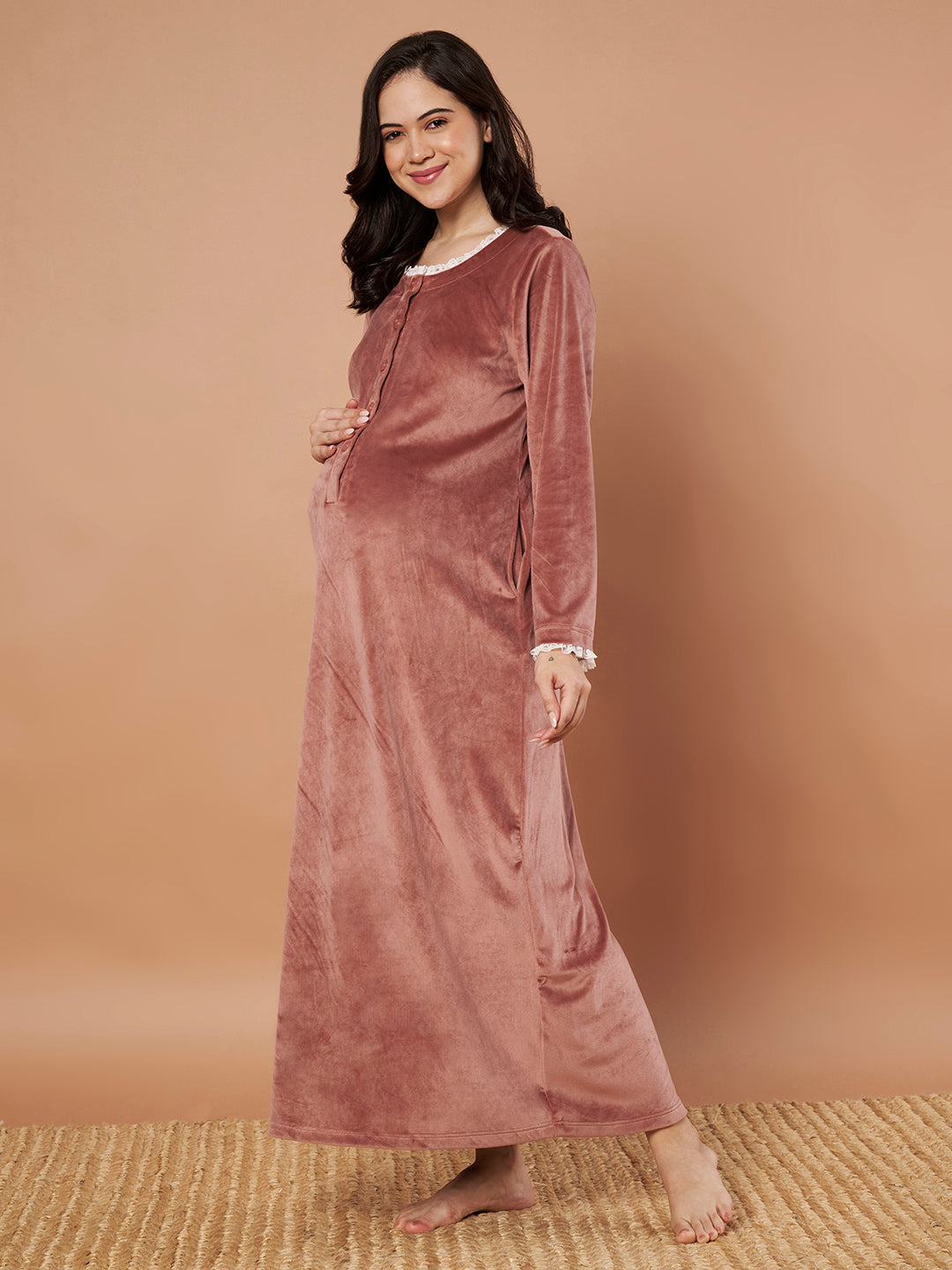 Pink Solid Velvet Winter Maternity Nighty