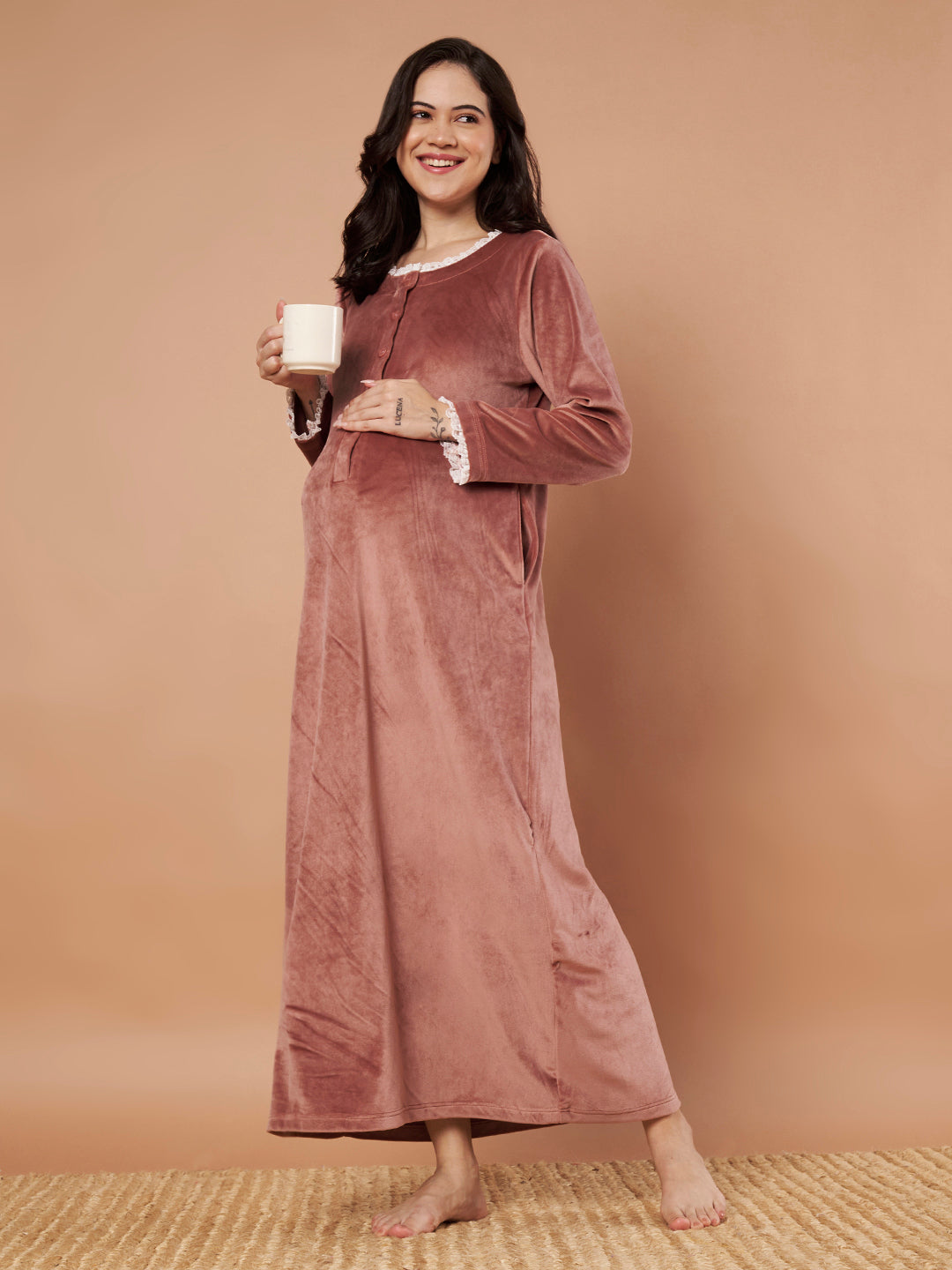 Pink Solid Velvet Winter Maternity Nighty