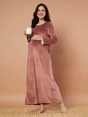Pink Solid Velvet Winter Maternity Nighty