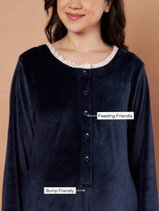 Navy Blue Solid Velvet Winter Maternity Nighty