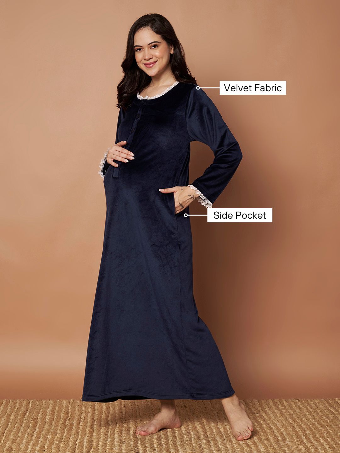 Navy Blue Solid Velvet Winter Maternity Nighty