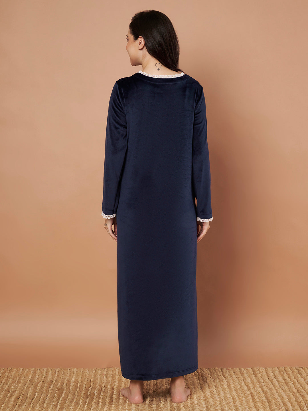 Navy Blue Solid Velvet Winter Maternity Nighty