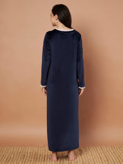 Navy Blue Solid Velvet Winter Maternity Nighty