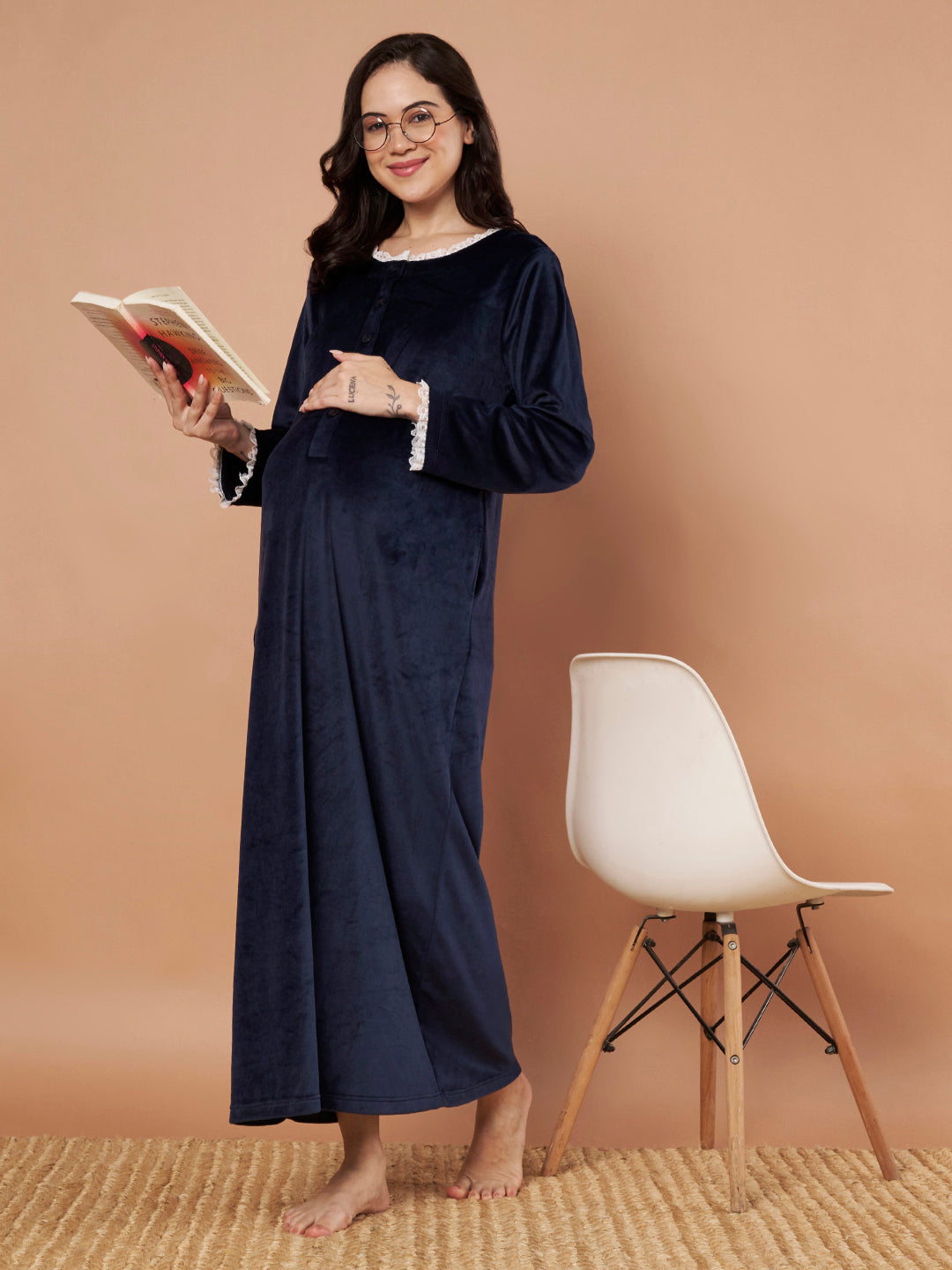 Navy Blue Solid Velvet Winter Maternity Nighty