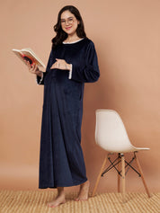 Navy Blue Solid Velvet Winter Maternity Nighty