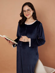 Navy Blue Solid Velvet Winter Maternity Nighty