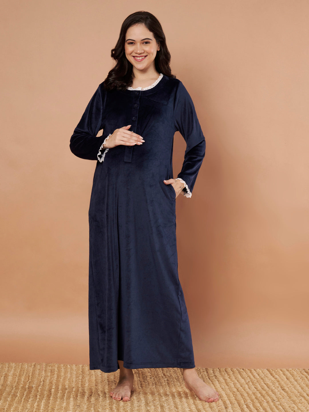 Navy Blue Solid Velvet Winter Maternity Nighty