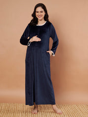 Navy Blue Solid Velvet Winter Maternity Nighty