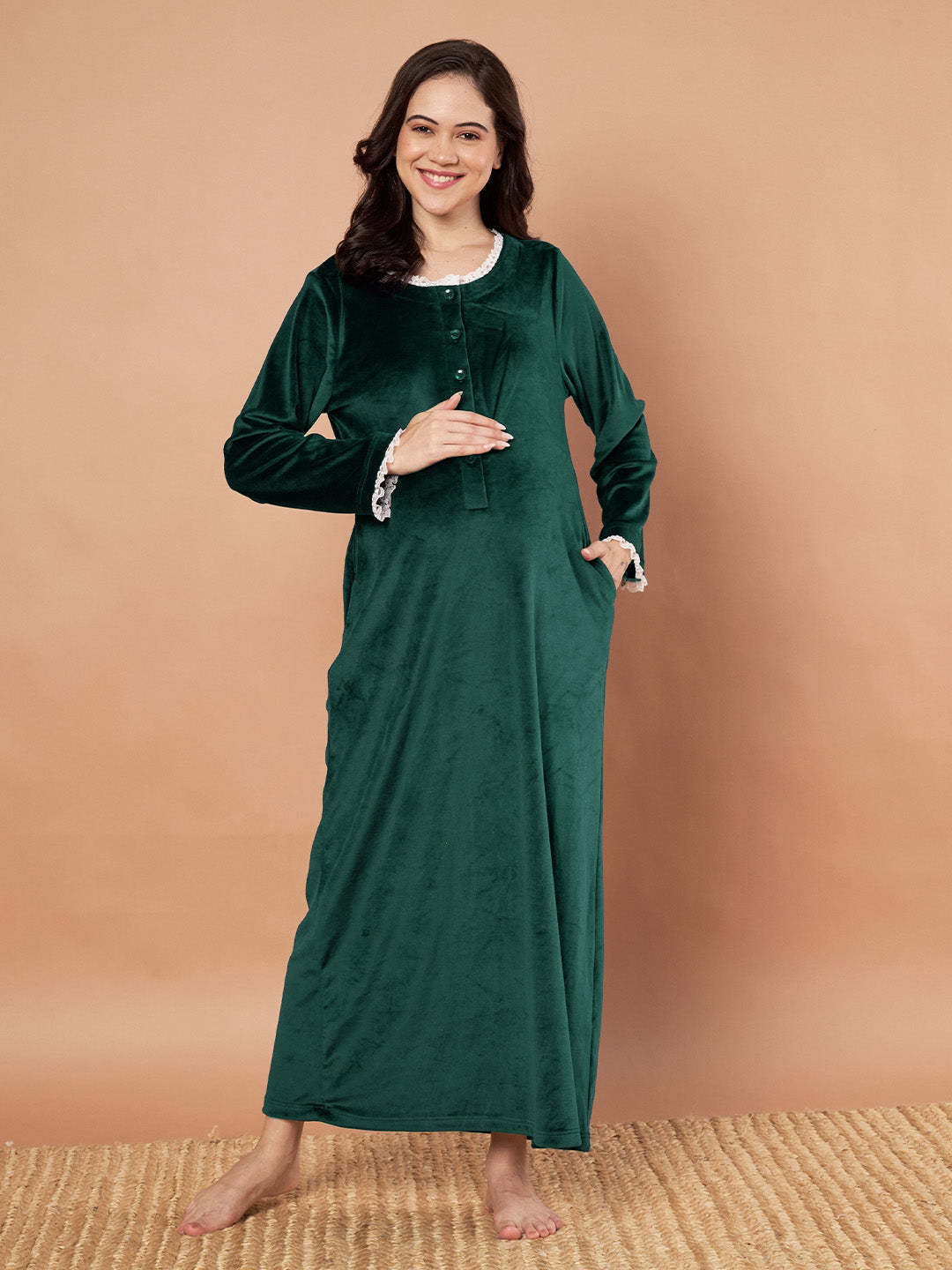 Bottle Green Solid Velvet Winter Maternity Nighty