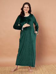 Bottle Green Solid Velvet Winter Maternity Nighty