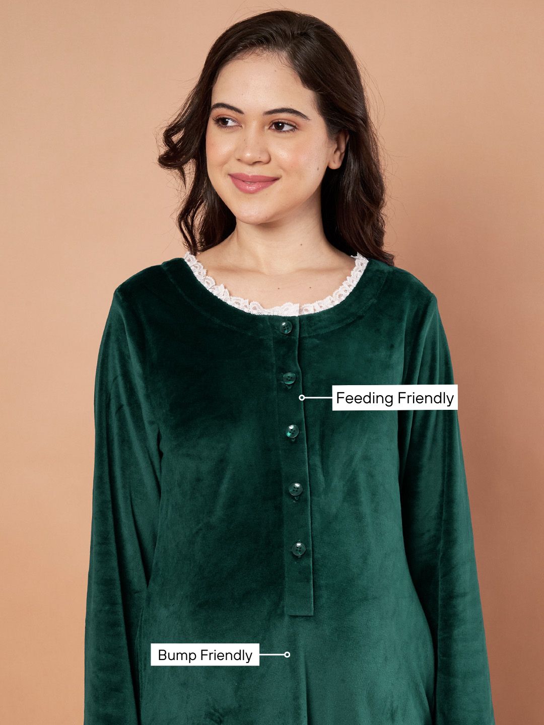 Bottle Green Solid Velvet Winter Maternity Nighty