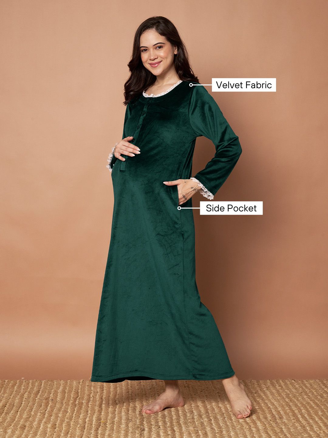 Bottle Green Solid Velvet Winter Maternity Nighty
