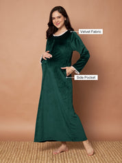 Bottle Green Solid Velvet Winter Maternity Nighty
