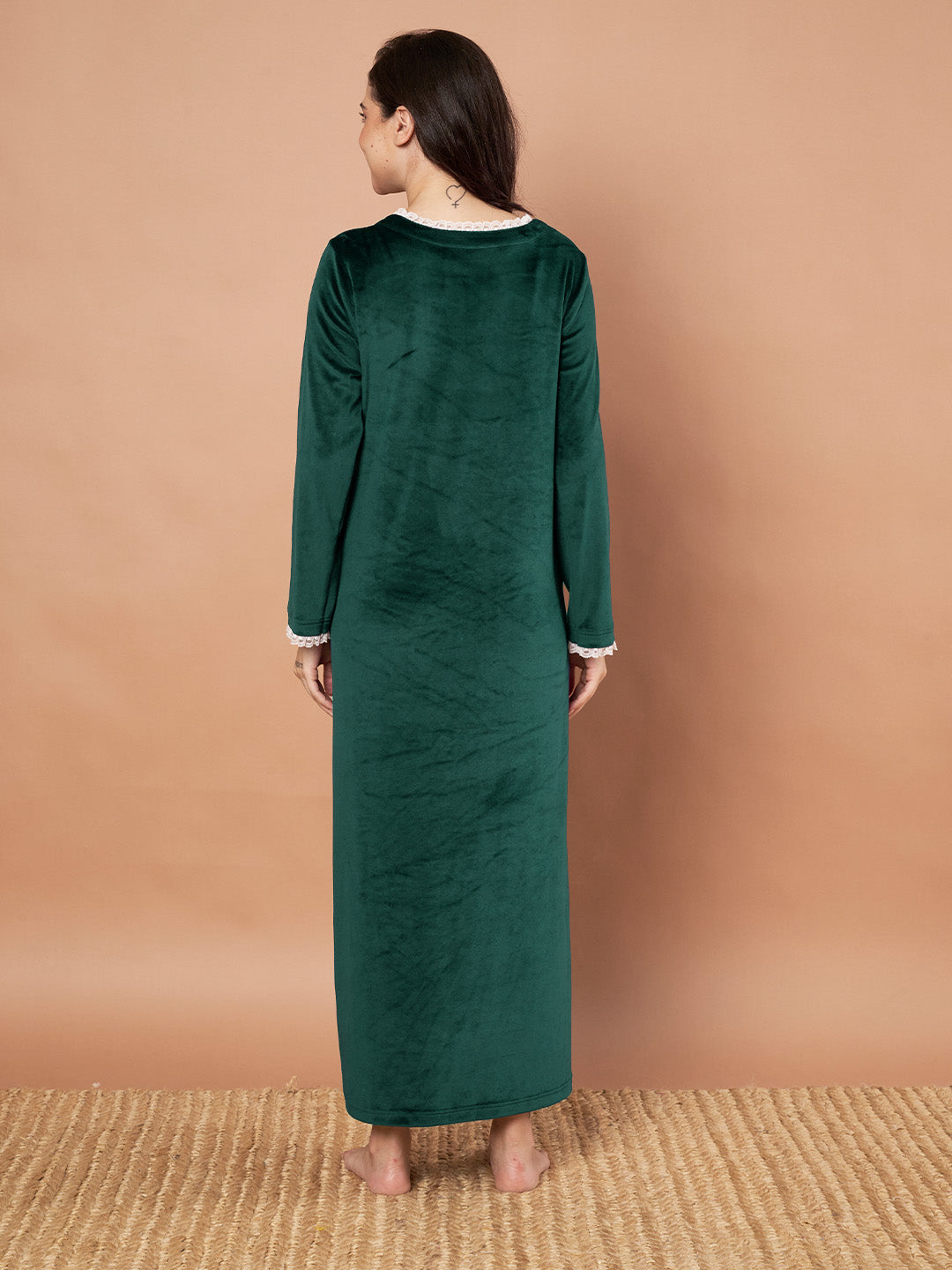 Bottle Green Solid Velvet Winter Maternity Nighty