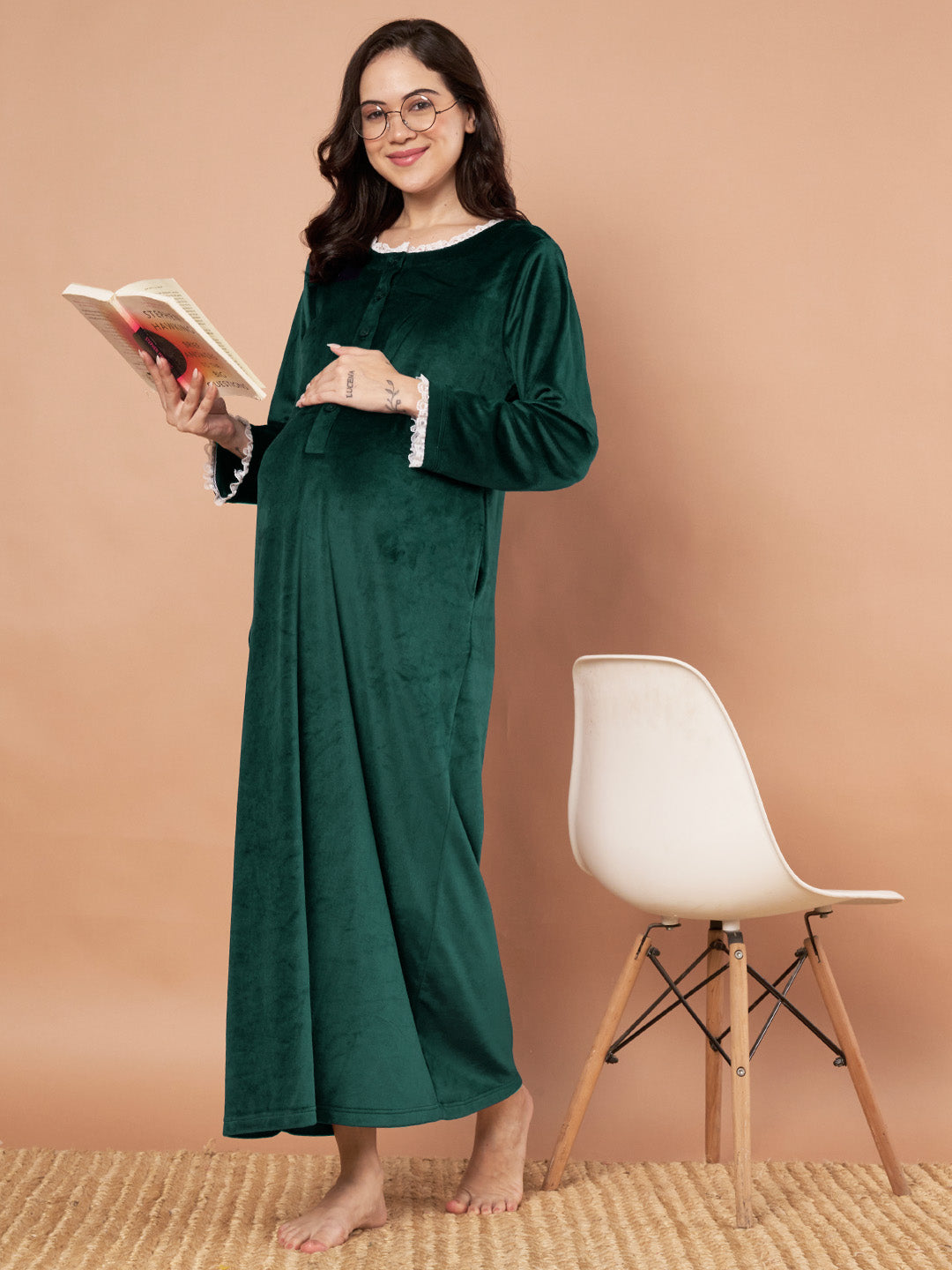 Bottle Green Solid Velvet Winter Maternity Nighty