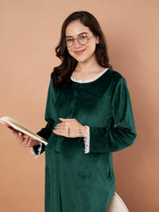 Bottle Green Solid Velvet Winter Maternity Nighty