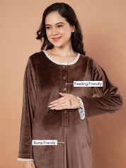 Brown Solid Velvet Winter Maternity Nighty