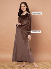 Brown Solid Velvet Winter Maternity Nighty