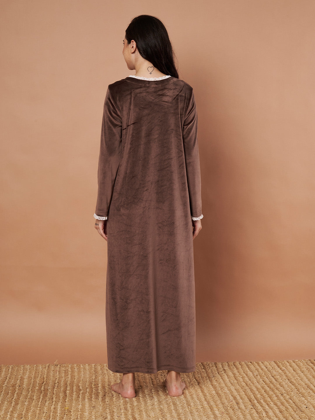 Brown Solid Velvet Winter Maternity Nighty