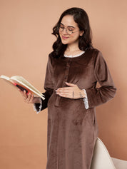 Brown Solid Velvet Winter Maternity Nighty