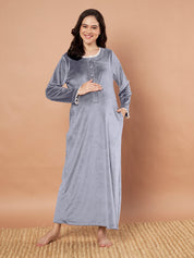 Grey Solid Velvet Winter Maternity Nighty