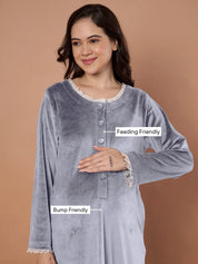 Grey Solid Velvet Winter Maternity Nighty