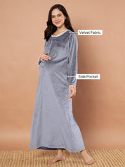 Grey Solid Velvet Winter Maternity Nighty