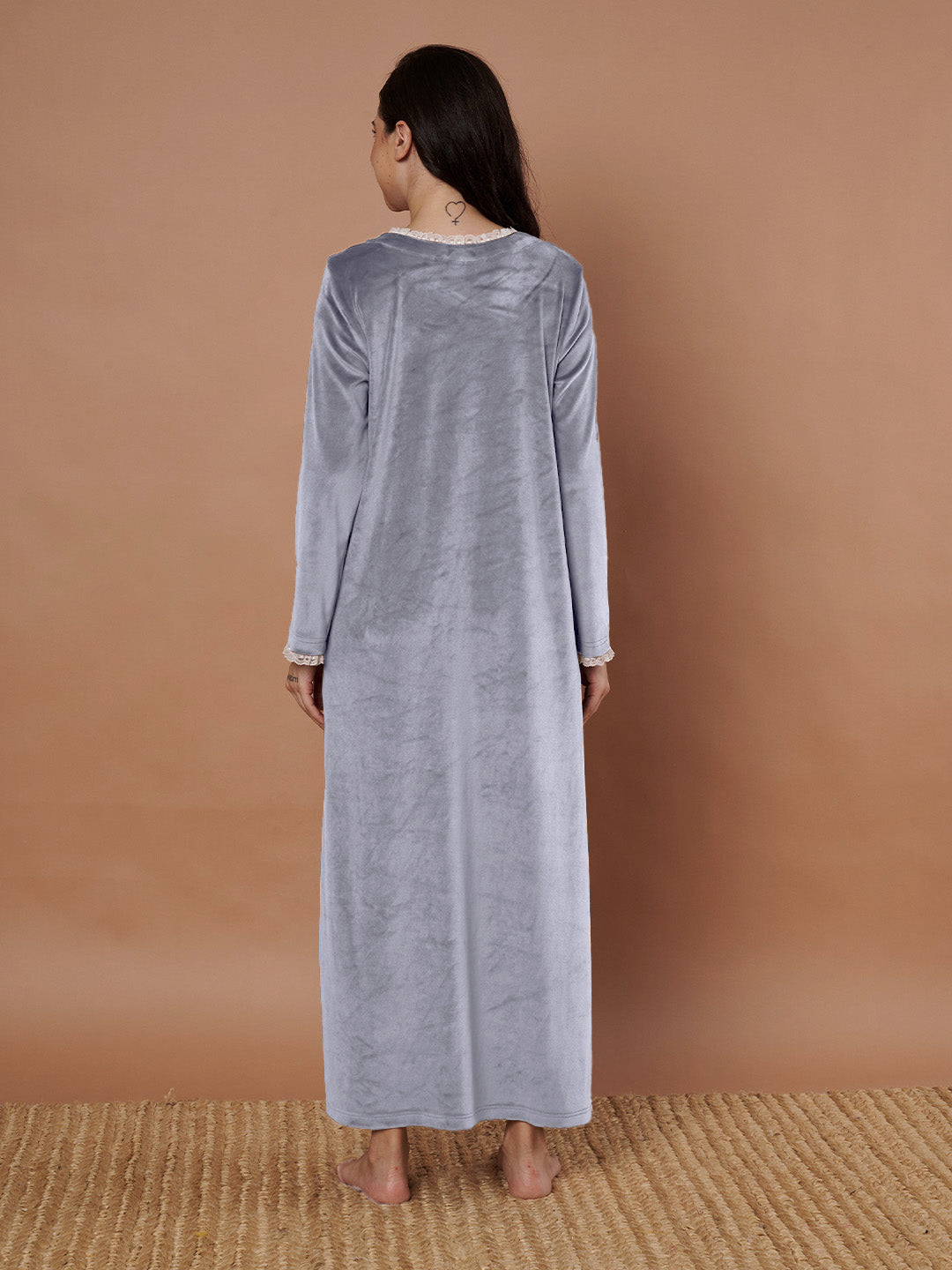 Grey Solid Velvet Winter Maternity Nighty