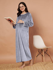 Grey Solid Velvet Winter Maternity Nighty