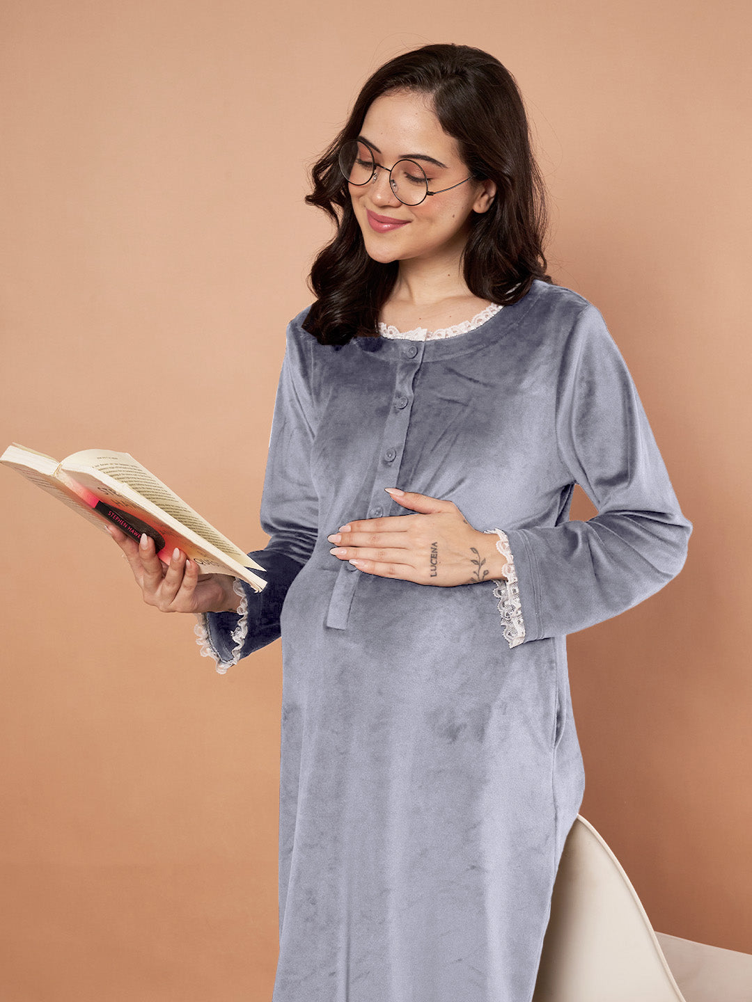 Grey Solid Velvet Winter Maternity Nighty