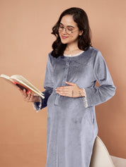 Grey Solid Velvet Winter Maternity Nighty