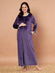 Purple Solid Velvet Winter Maternity Nighty