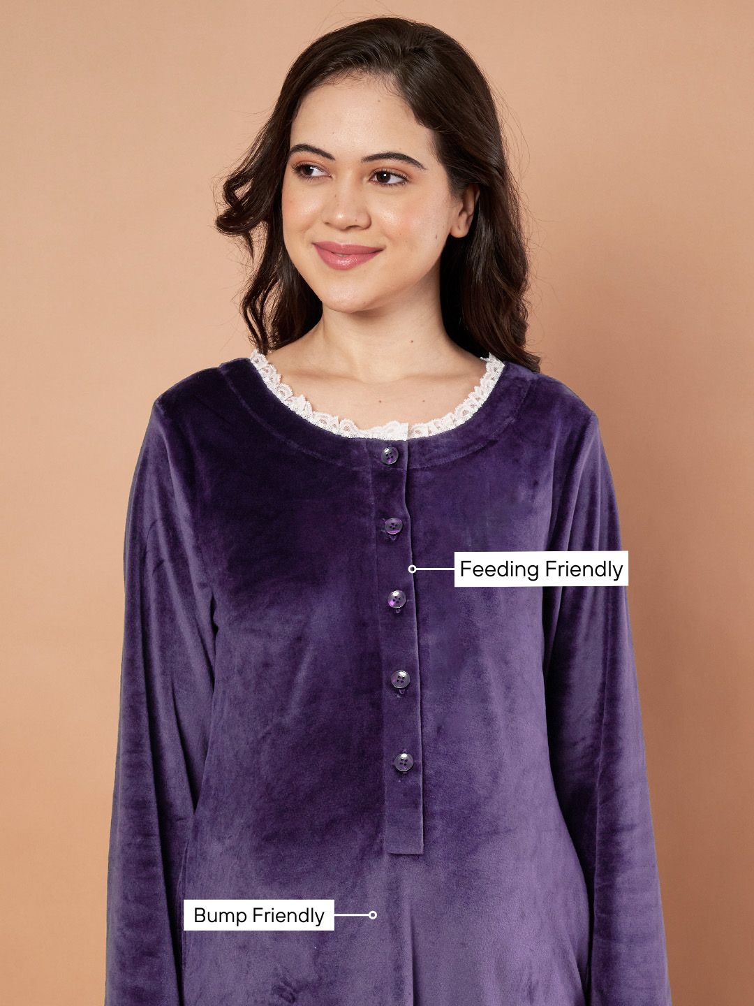 Purple Solid Velvet Winter Maternity Nighty