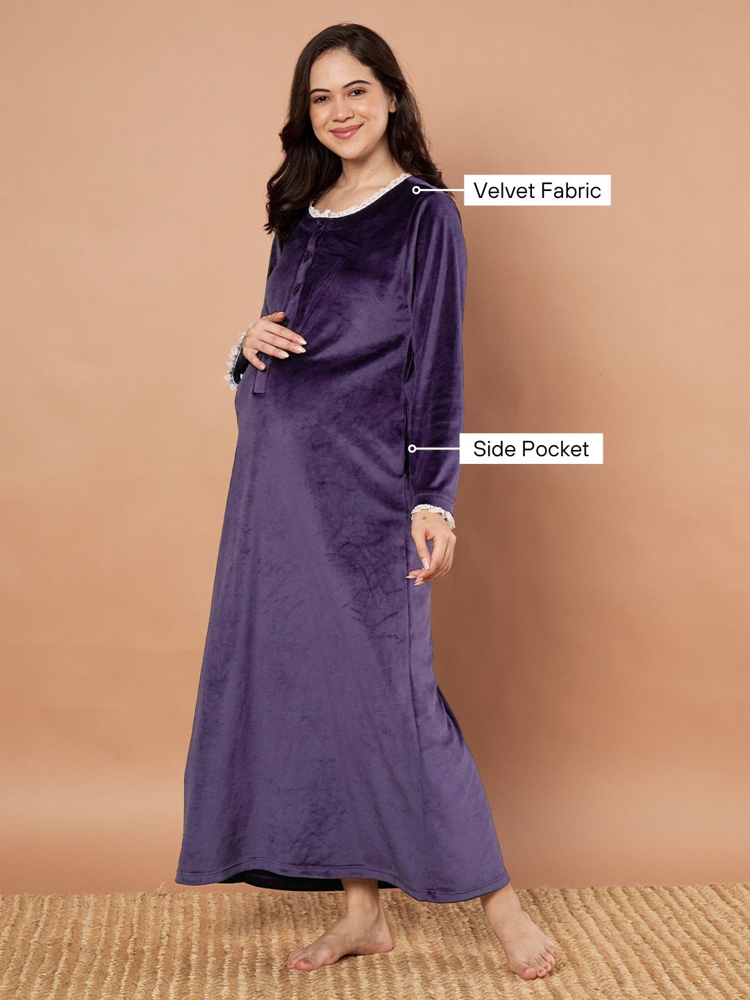 Purple Solid Velvet Winter Maternity Nighty