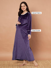 Purple Solid Velvet Winter Maternity Nighty