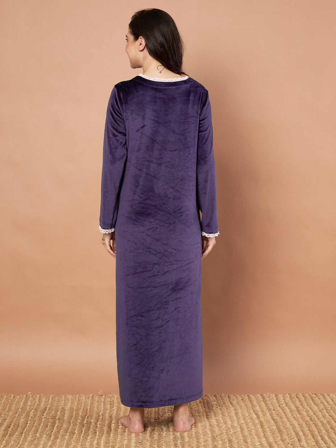 Purple Solid Velvet Winter Maternity Nighty